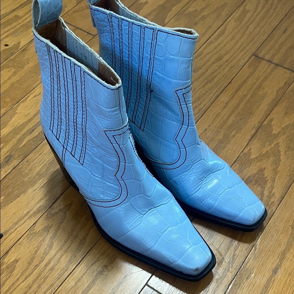 Blue Ganni Croc-Embossed Ankle Boots